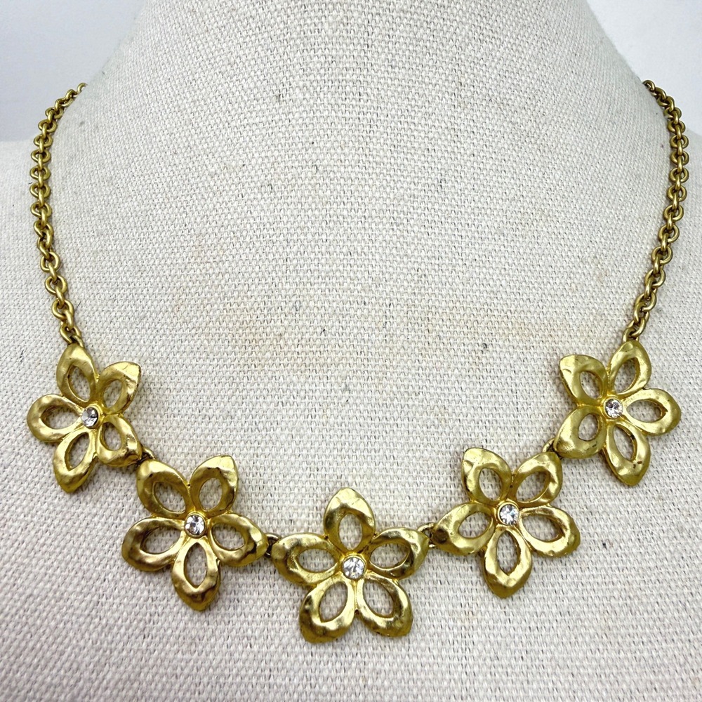 VCLM‎ Flower Necklace Crystal Accents Adjustable Chain Gold Tone 90s Vintage